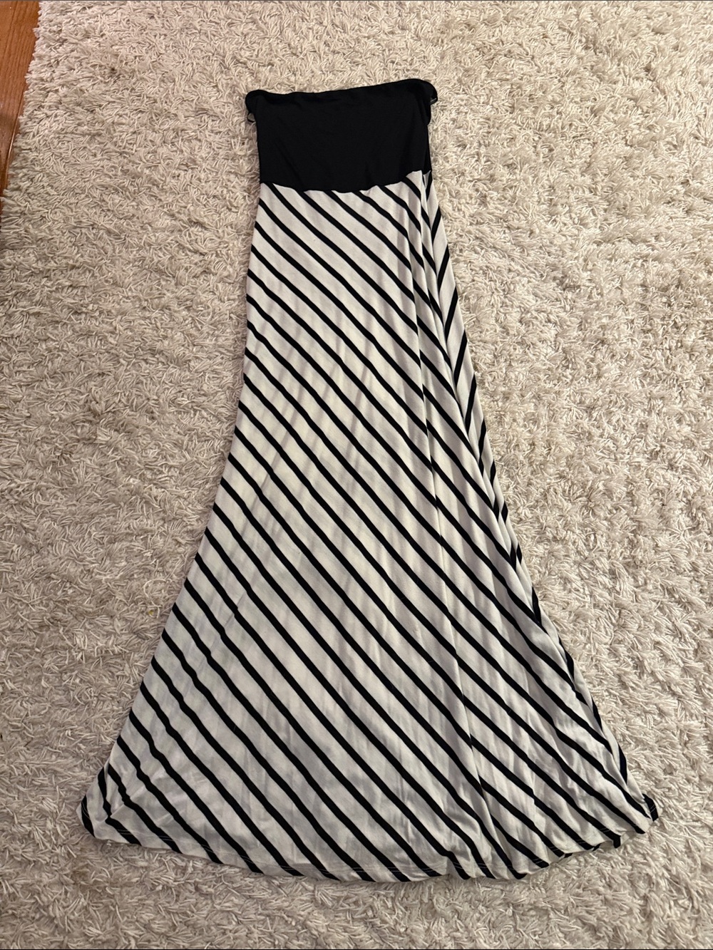 Black and White Strapless Striped Maxi Dress